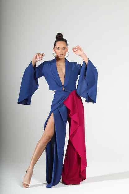 Showstopping Drama Color Block bell sleeve crop jacket and cascading slit pants set