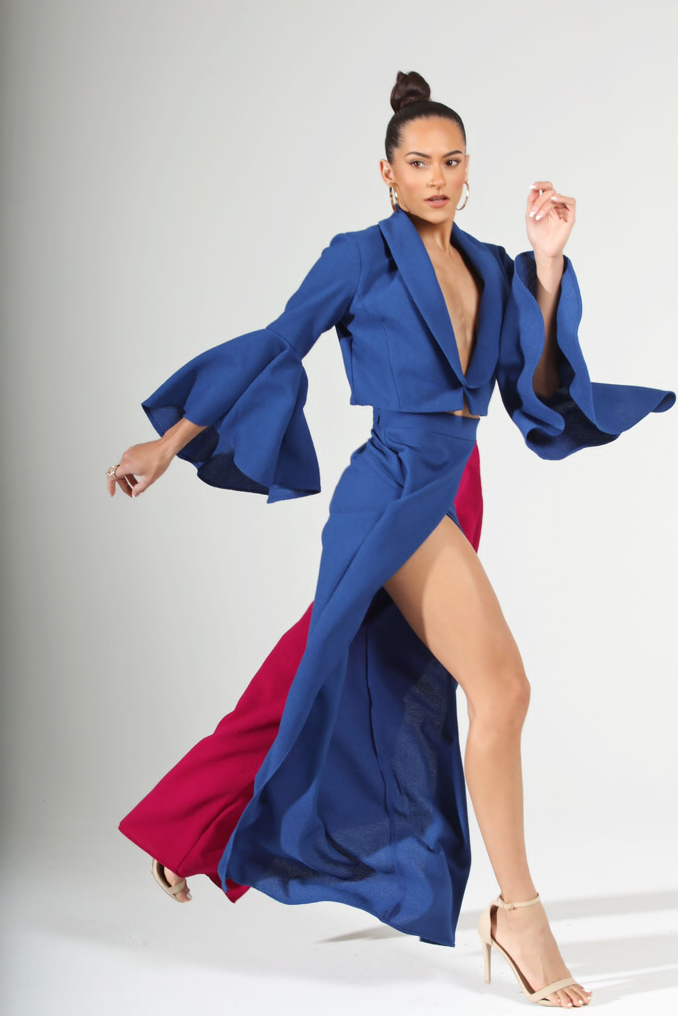 Showstopping Drama Color Block bell sleeve crop jacket and cascading slit pants set