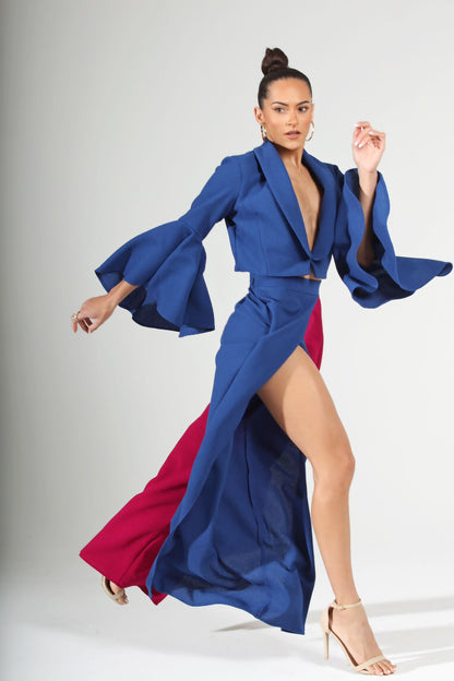 Showstopping Drama Color Block bell sleeve crop jacket and cascading slit pants set