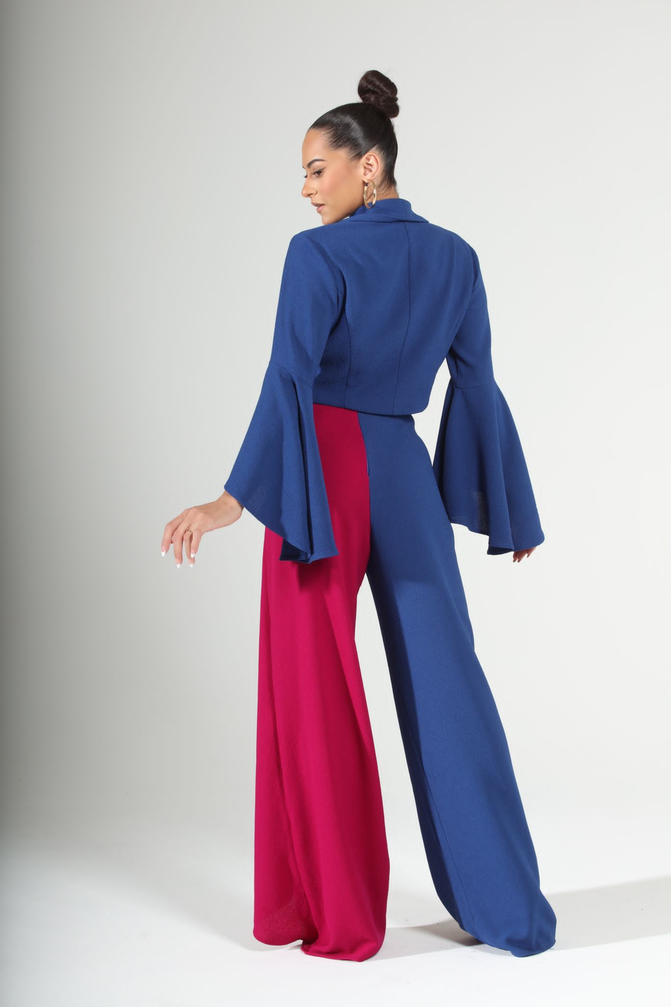 Showstopping Drama Color Block bell sleeve crop jacket and cascading slit pants set