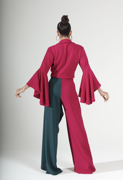 Showstopping Drama Color Block bell sleeve crop jacket and cascading slit pants set