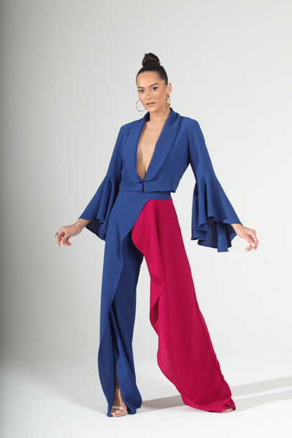 Showstopping Drama Color Block bell sleeve crop jacket and cascading slit pants set