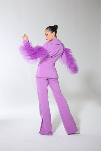 *Pre-order Glamour Presence tulle sleeve button up jacket and side slit pants suit