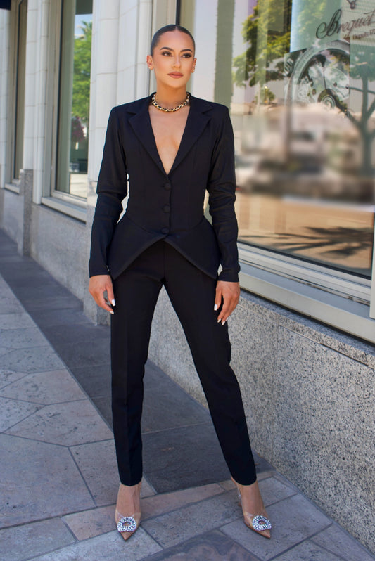 Monique flare peplum jacket and high waisted straight leg pants suit set