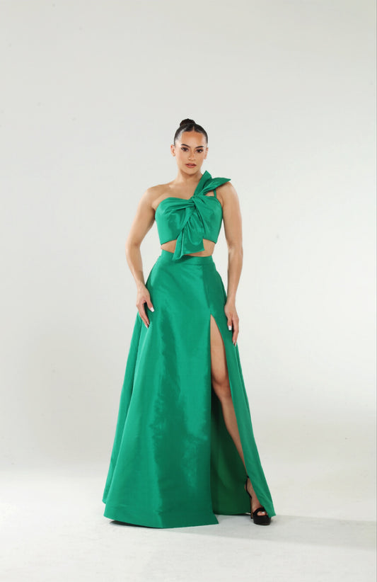 *Pre-Order-Zoe taffeta knot front bow crop top and slit high waisted skirt set