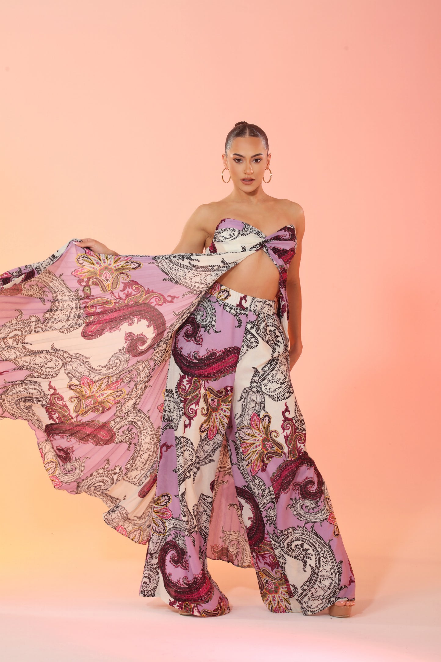 Celeste chiffon paisley pleated split front top and high waisted pants with pockets set