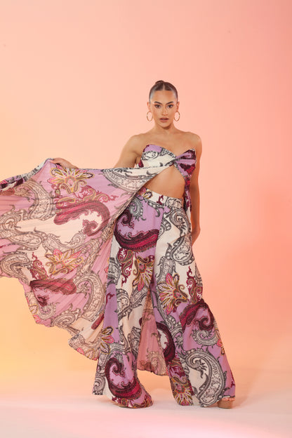 Celeste chiffon paisley pleated split front top and high waisted pants with pockets set