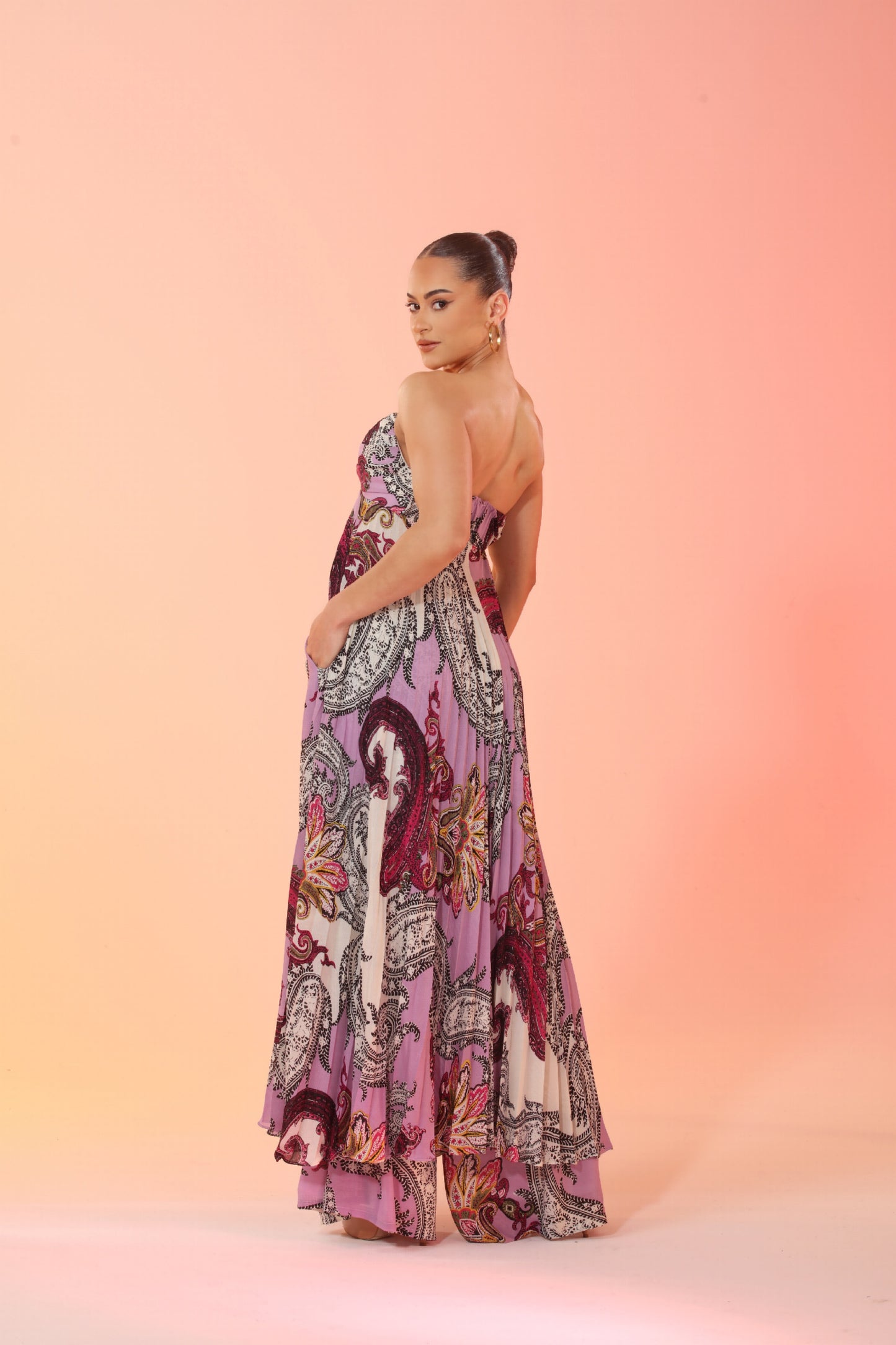 Celeste chiffon paisley pleated split front top and high waisted pants with pockets set