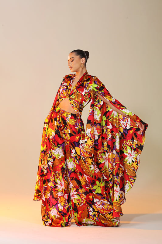 Cara flower print satin cape top with matching high waisted palazzo pants