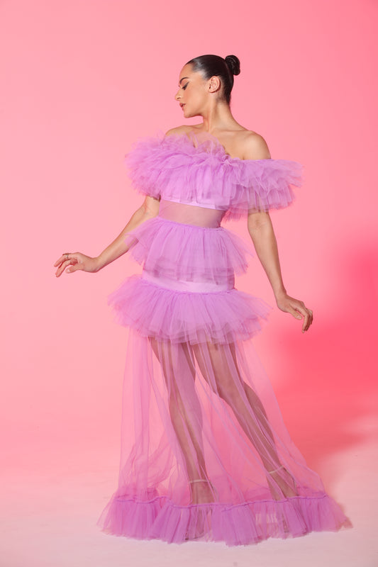 Force of Fash-fun off shoulder tulle tiered long dress