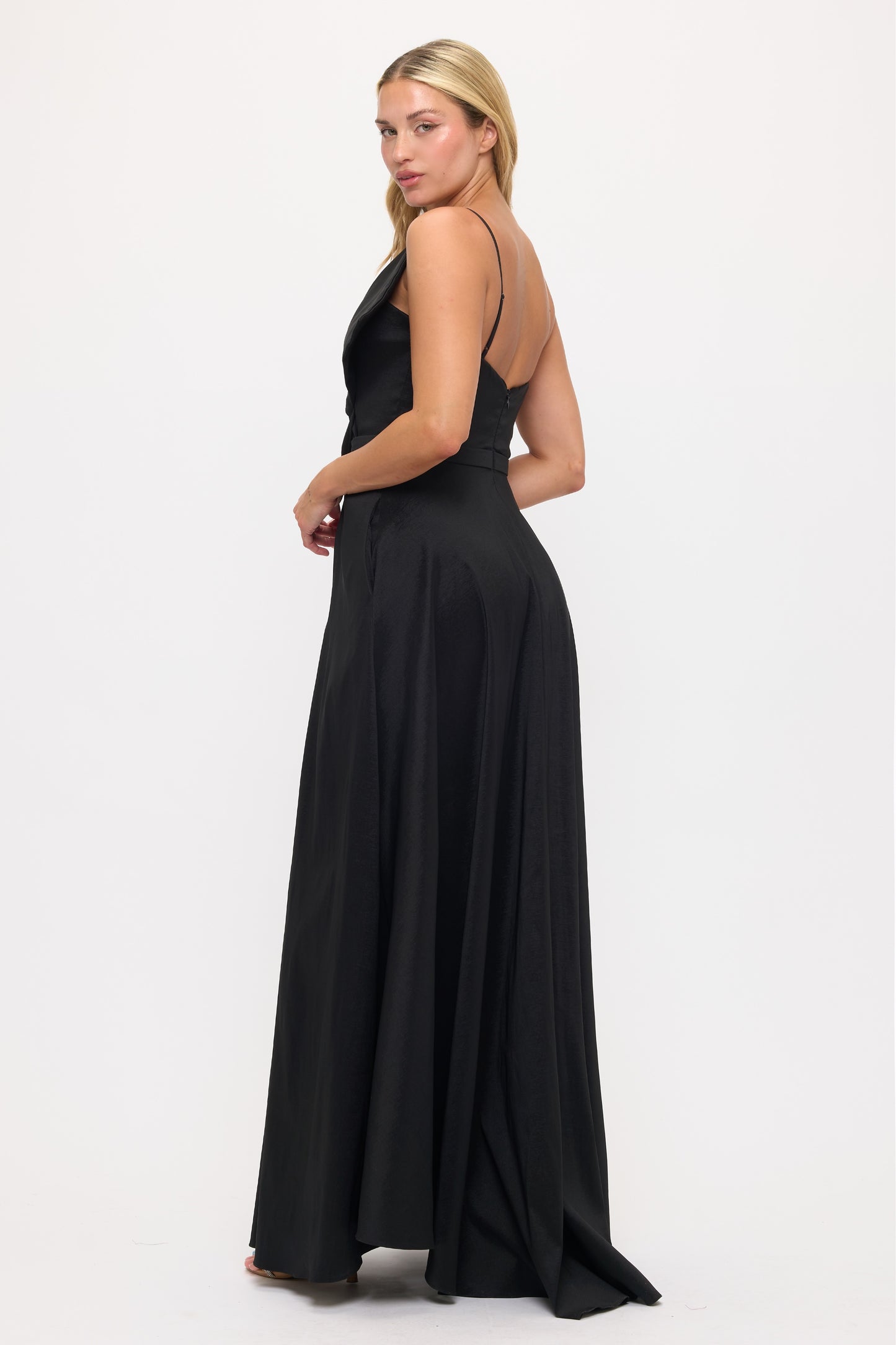 Asymmetrical oversized bow stretch taffeta slit gown