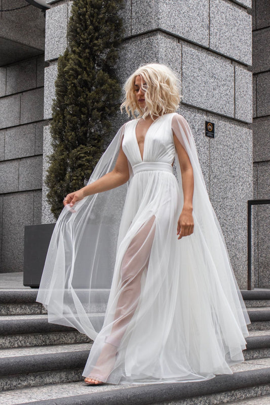 Flying Sleeve Soft Tulle Double Side Slit Open Back Maxi Dress