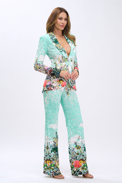 Stretchy floral lace tulip hem jacket and high waisted pants suit set