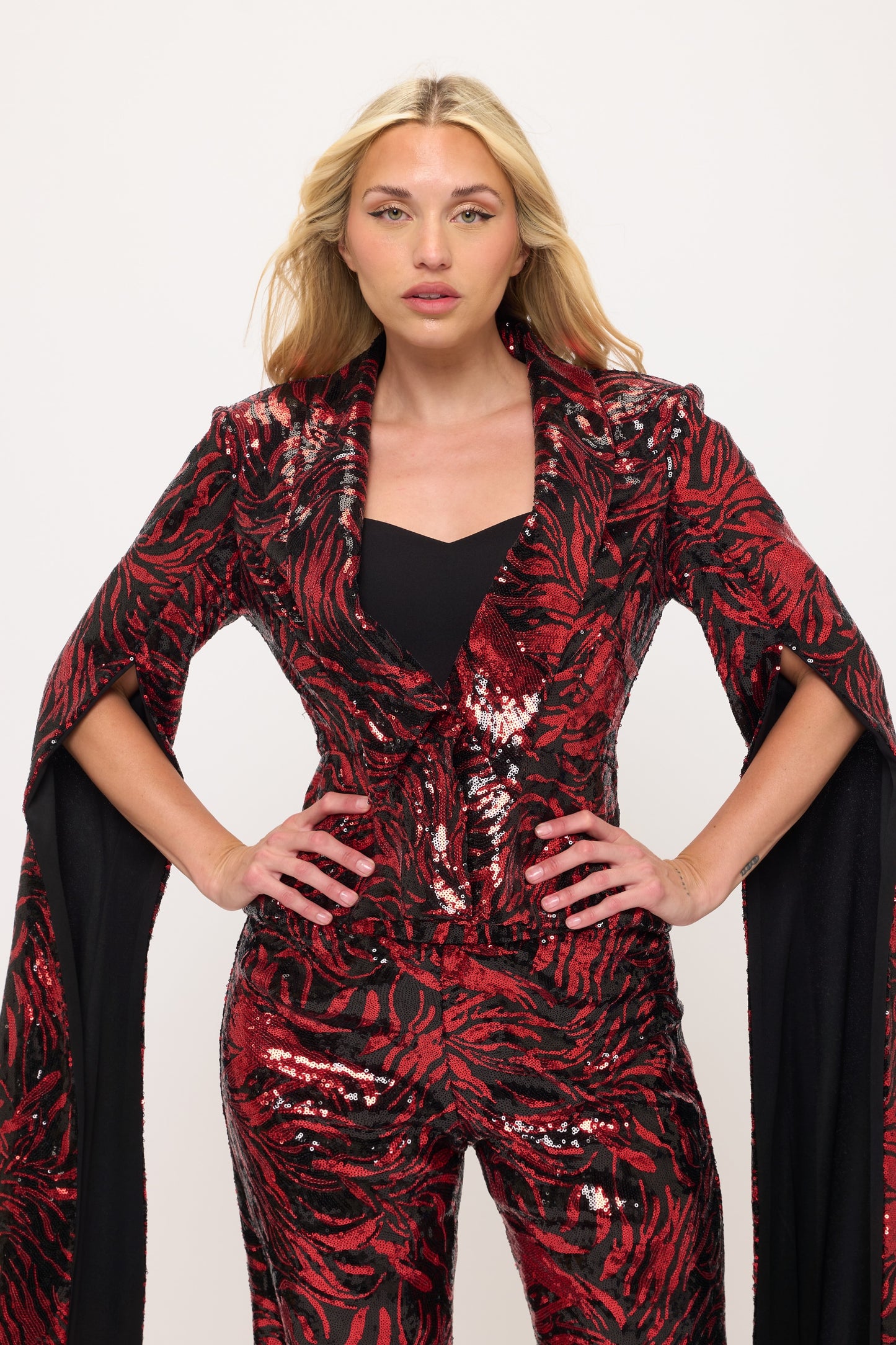 Shining sequin tiger striped split floor length sleeve jacket and high waisted pants suit set
