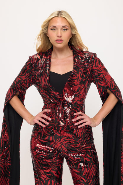 Shining sequin tiger striped split floor length sleeve jacket and high waisted pants suit set