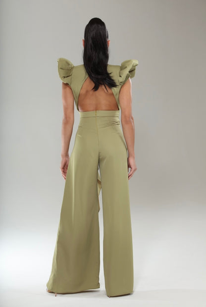 Bell sleeve V front open back cascading leg jumpsuit