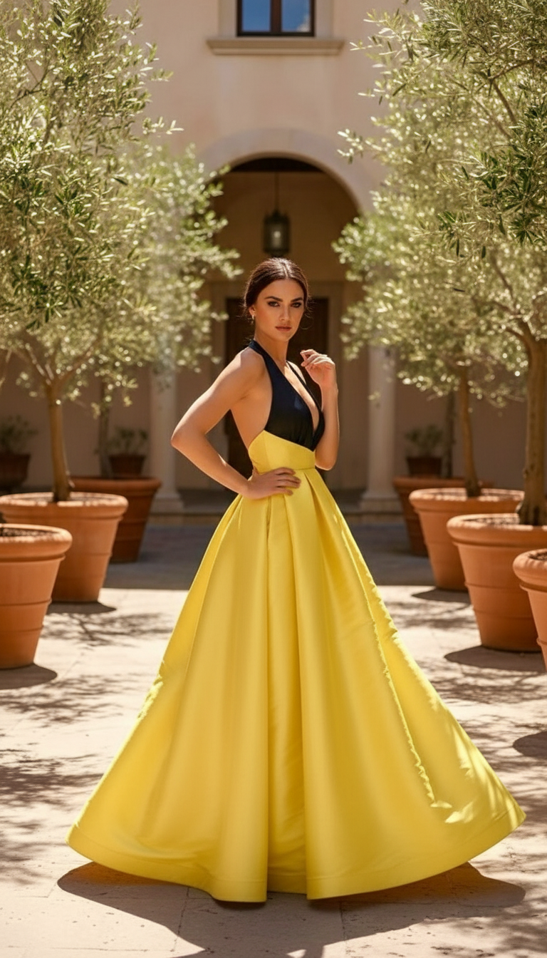 Elegant color block halter taffeta gown with pockets