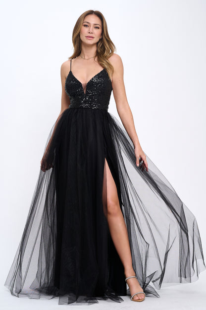 Sequin and tulle side slit tie back gown