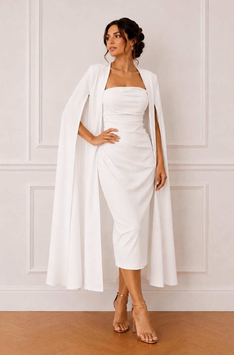 Strapless midi dress with matching cape jacket set