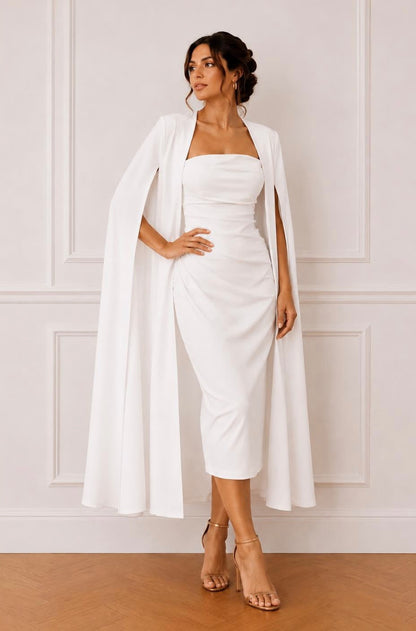 Strapless midi dress with matching cape jacket set