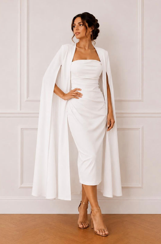 Strapless midi dress with matching cape jacket set