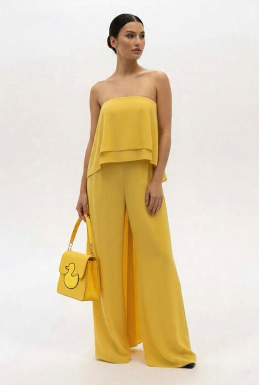 Strapless dobby high-low layered top and high waisted pants with pockets set