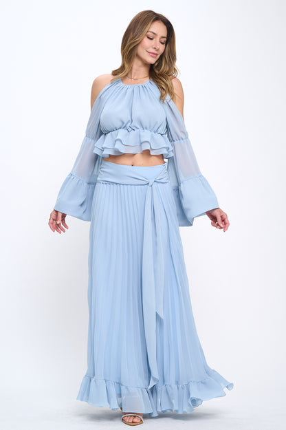 Chiffon ruffle crop top and maxi skirt set