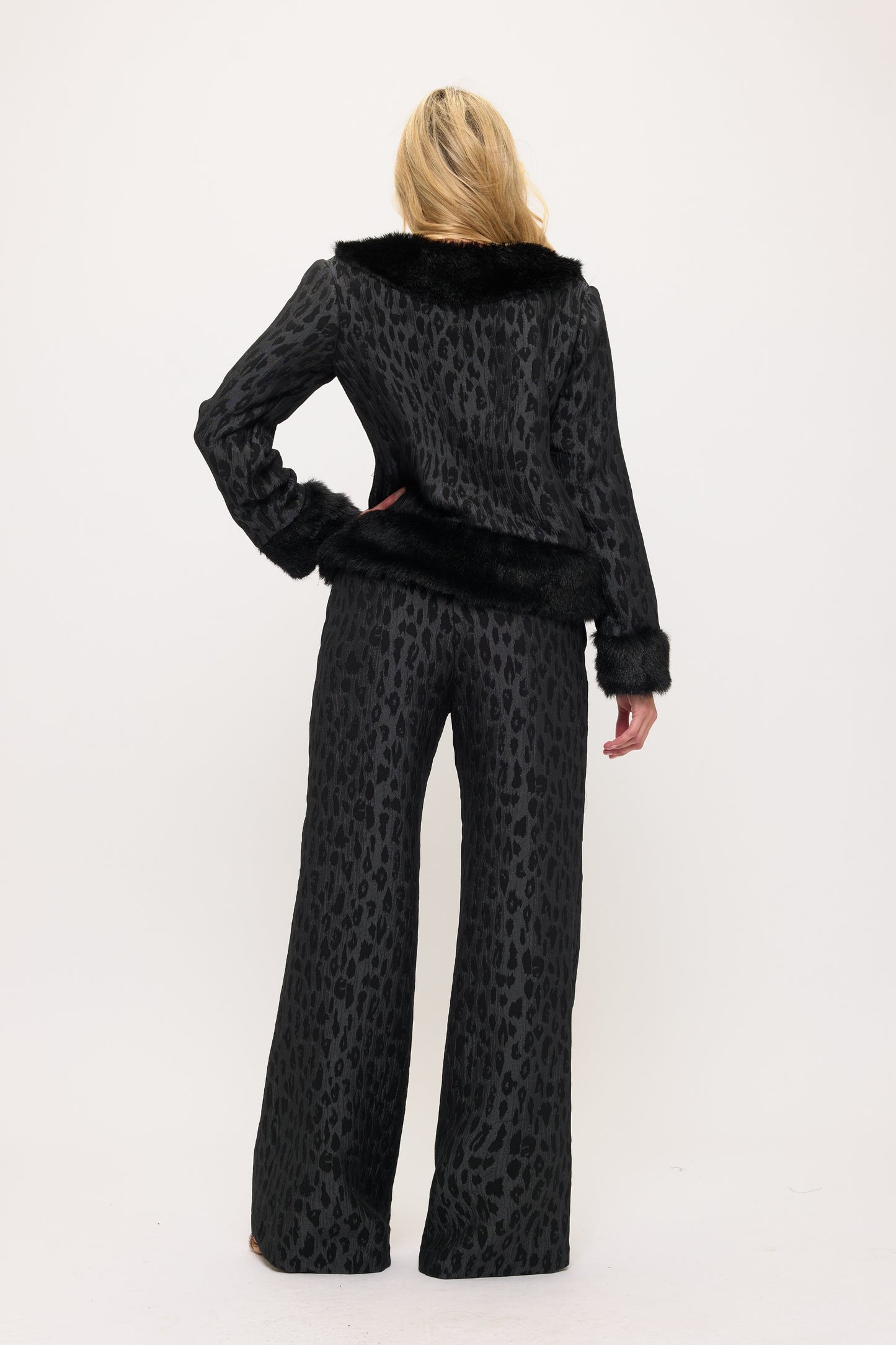 Leopard print and fur trim jacket and high waisted pants set