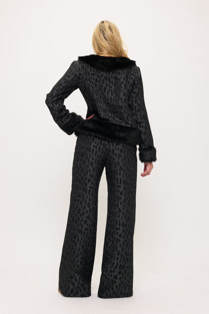 Leopard print and fur trim jacket and high waisted pants set
