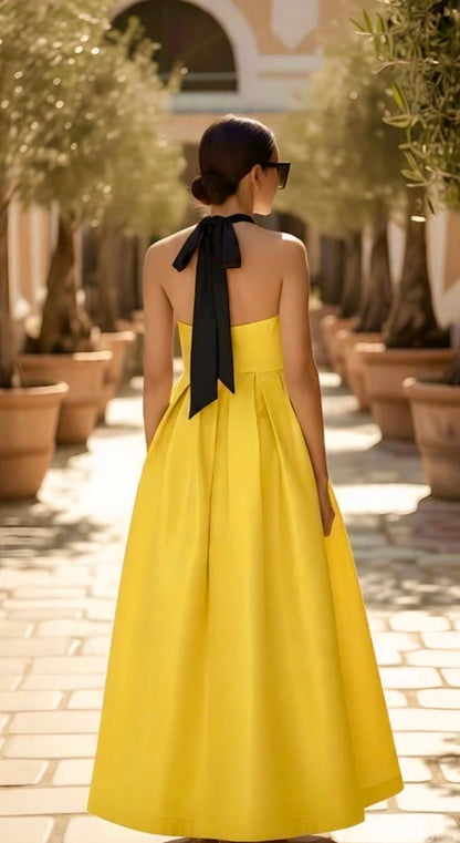 Elegant color block halter taffeta gown with pockets