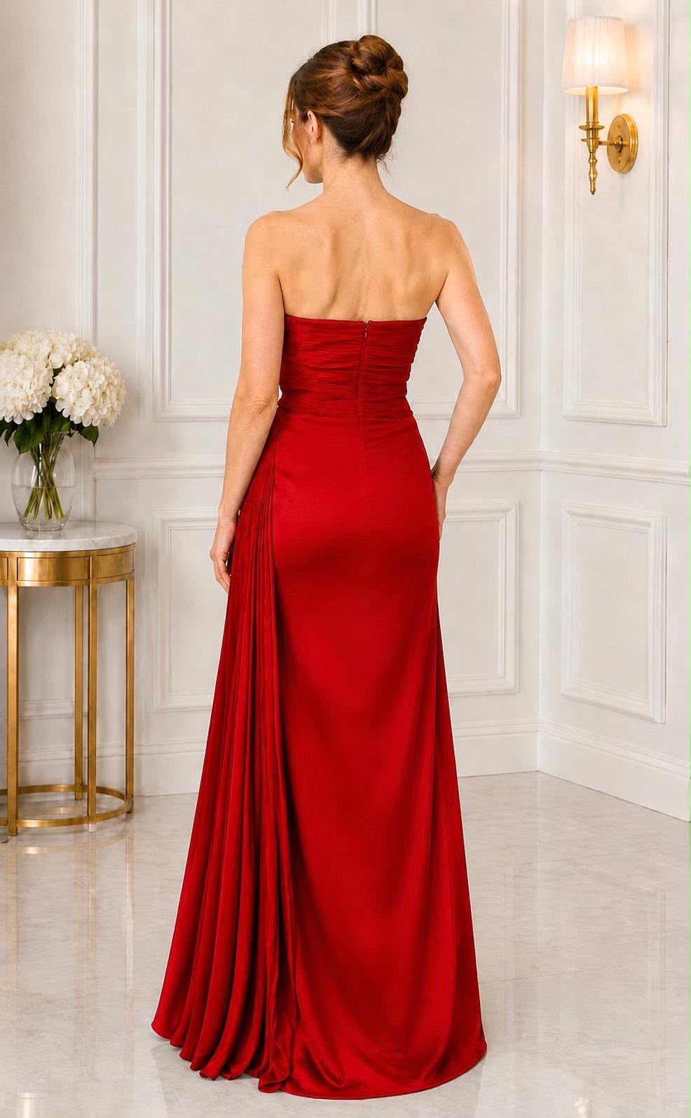 Strapless pleated bow taffeta slit gown