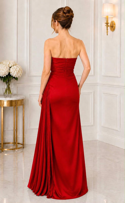 Strapless pleated bow taffeta slit gown