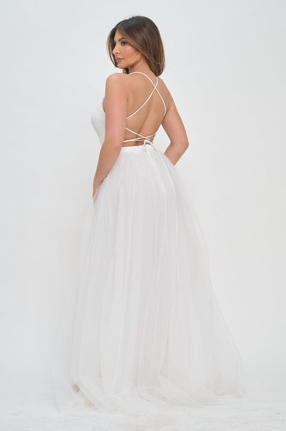 Sequin and tulle side slit tie back gown