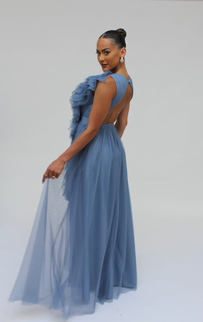 *Pre-Order Elevated ruffle layered tulle cascading gown with front slit