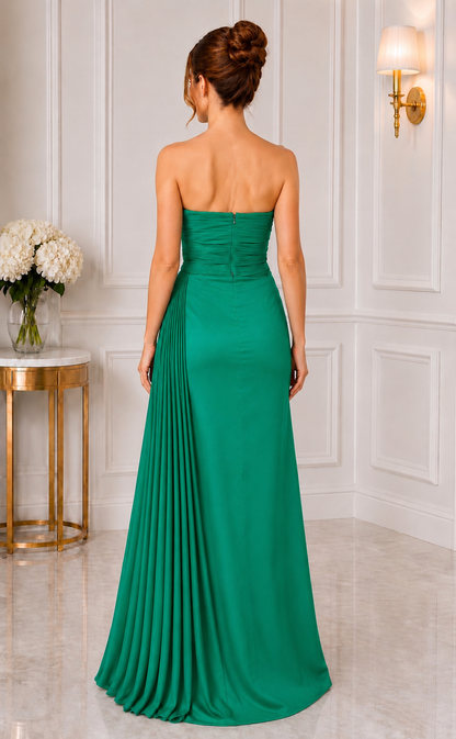 Strapless pleated bow taffeta slit gown