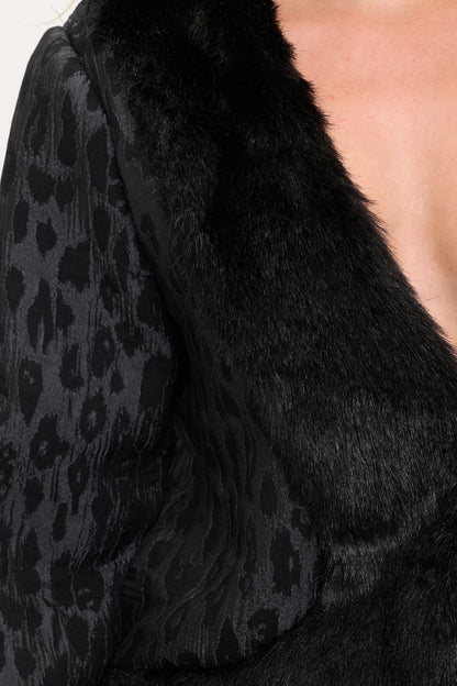 Leopard print and fur trim jacket and high waisted pants set