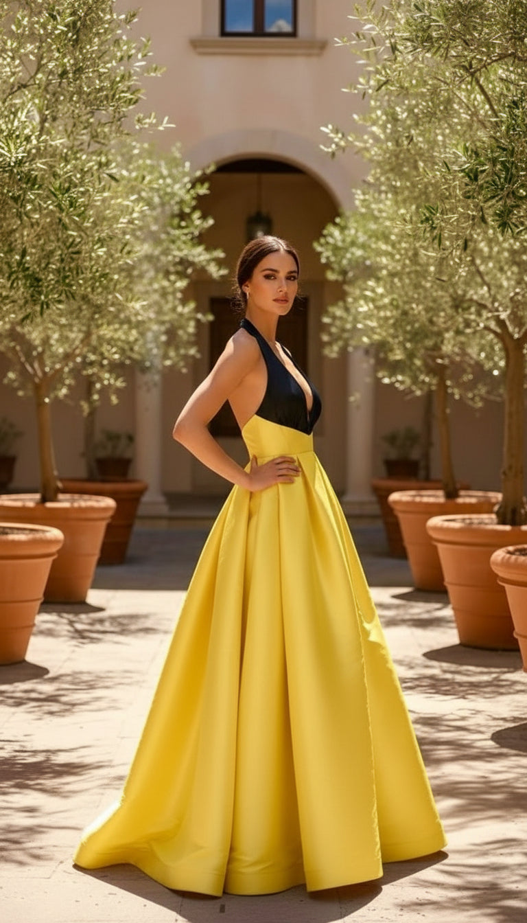Elegant color block halter taffeta gown with pockets