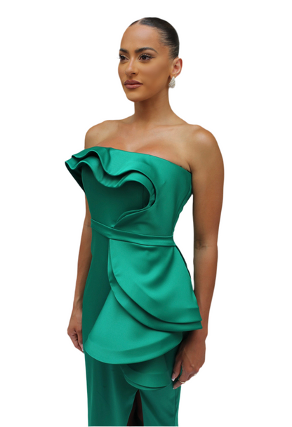 Strapless cascading drape gown