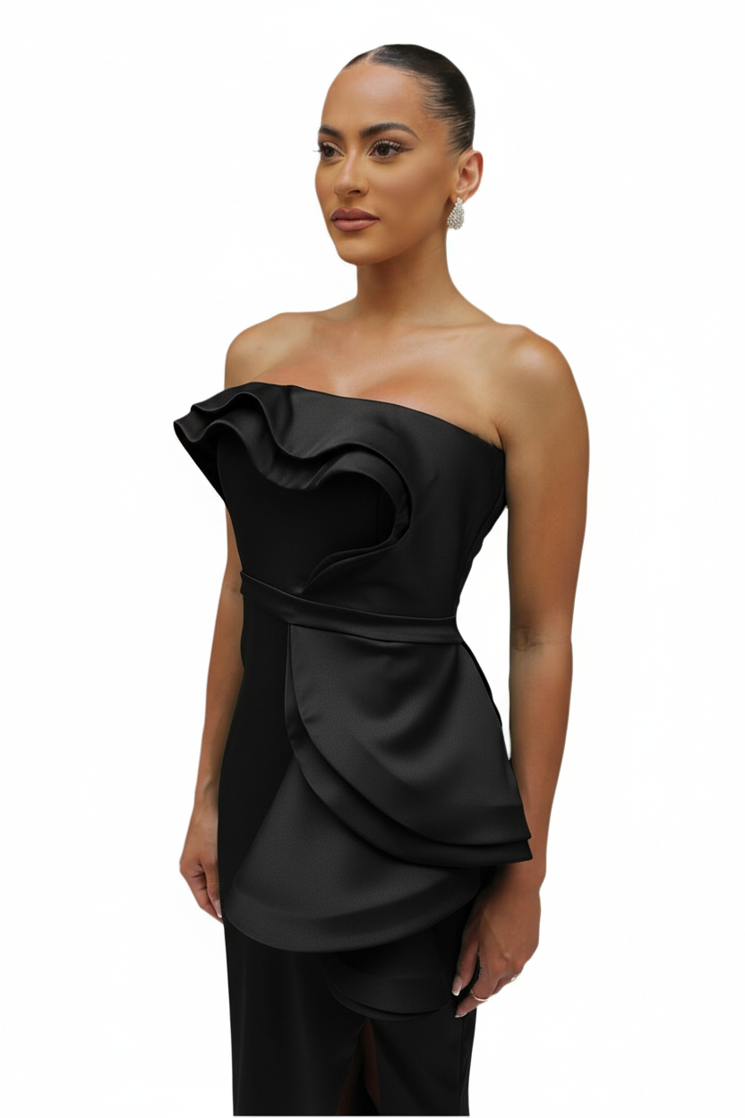 Strapless cascading drape gown