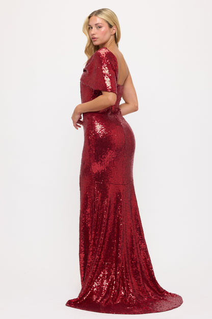 Sparkling sequin one shoulder bow side slit gown