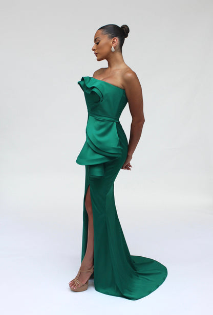 Strapless cascading drape gown