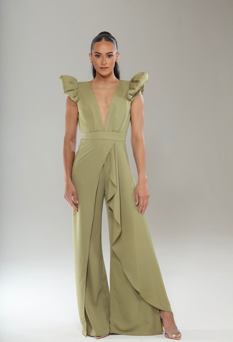 Bell sleeve V front open back cascading leg jumpsuit