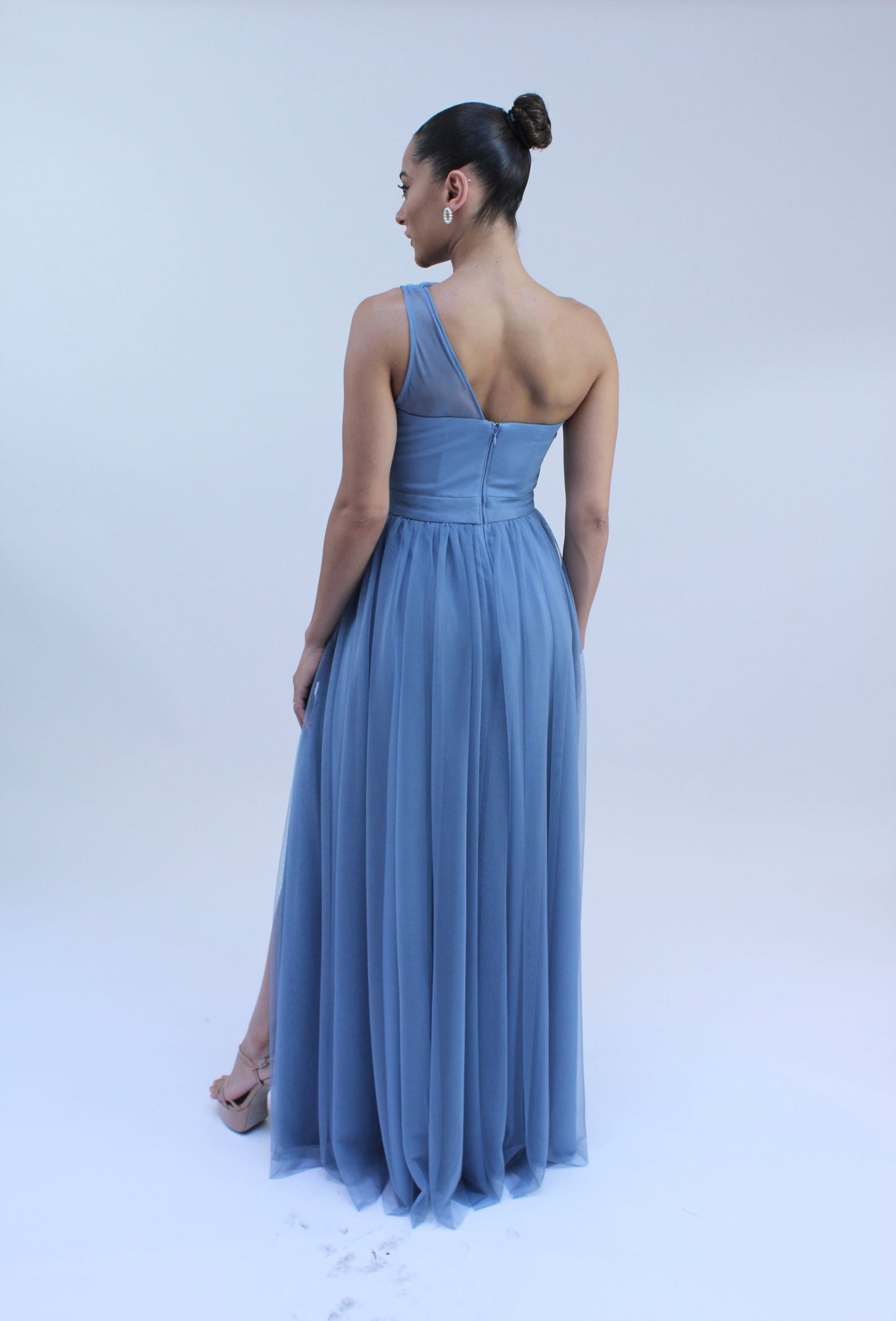 Special embrace one shoulder ruffle tulle slit gown