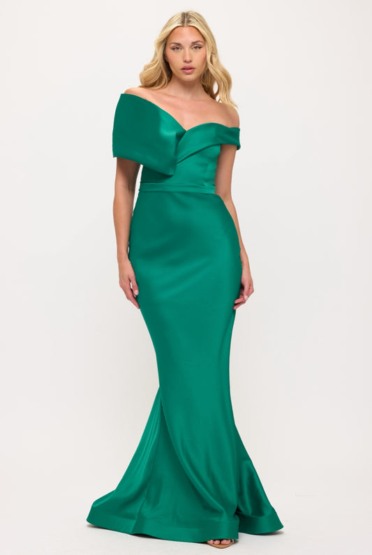 Off shoulder stretch taffeta hourglass gown