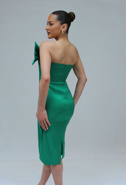 Strapless bow midi cocktail dress with back center slit