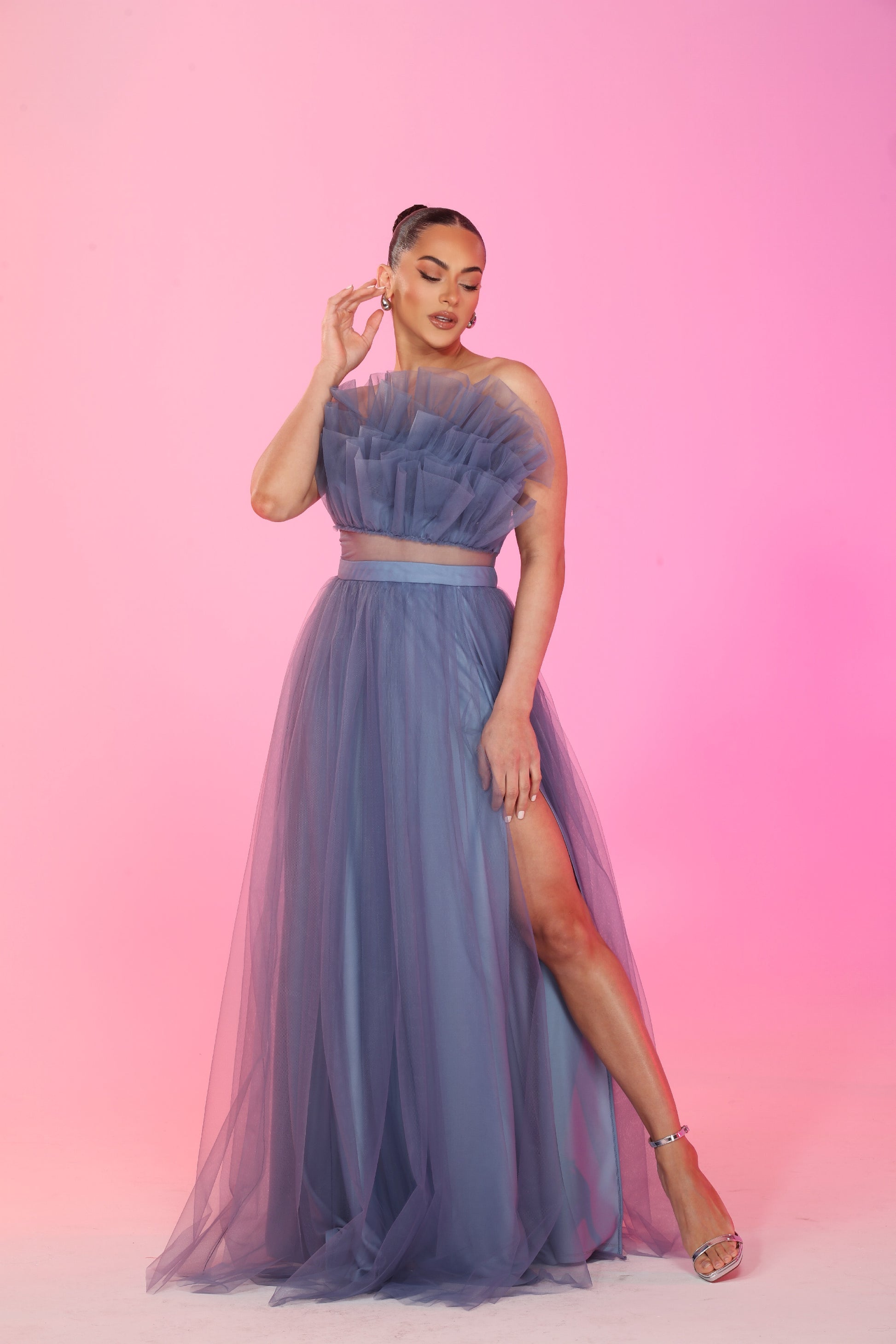 Strapless layered tulle asymmetrical bodice side slit gown