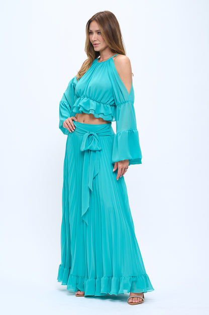 Chiffon ruffle crop top and maxi skirt set