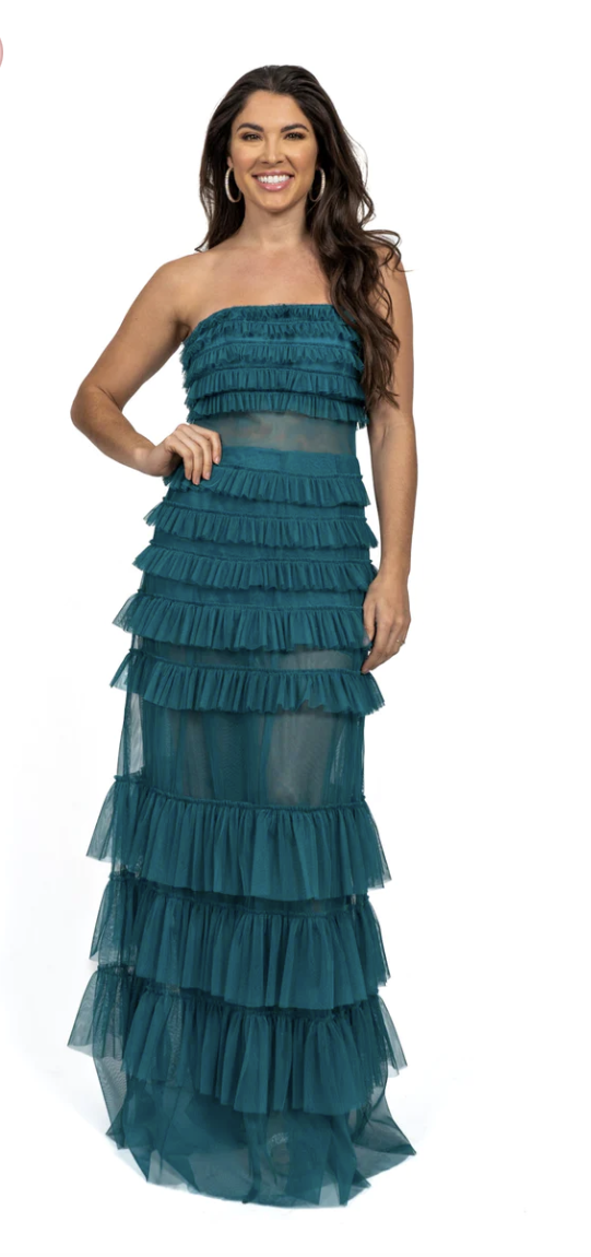 Ruffle layered strapless tulle maxi dress