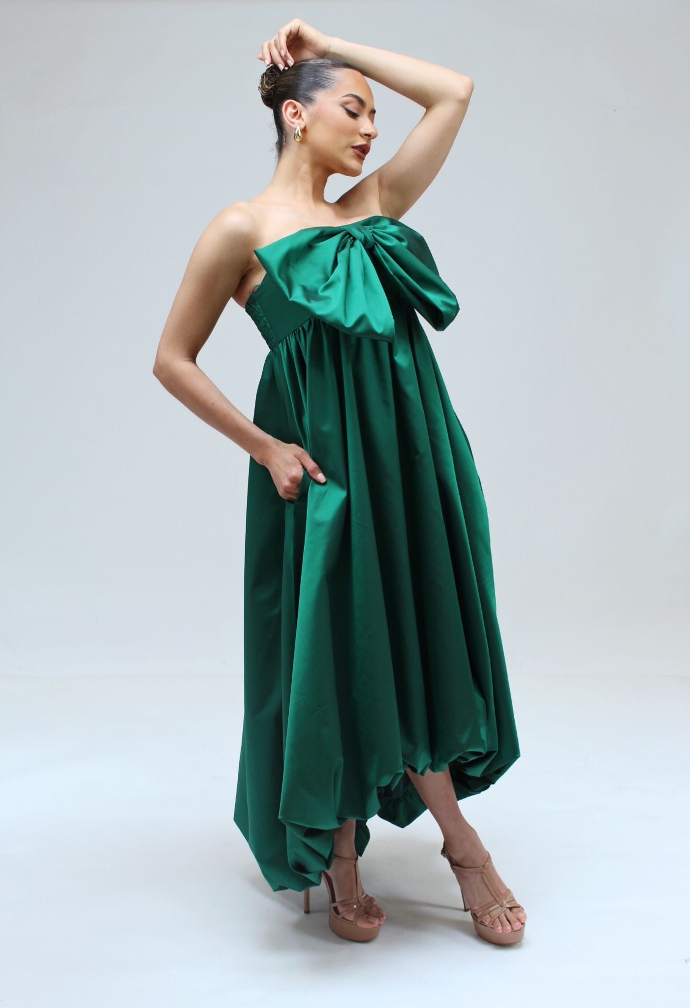 *Pre-Order Ruched bubble hem strapless bow taffeta high low dress with pockets
