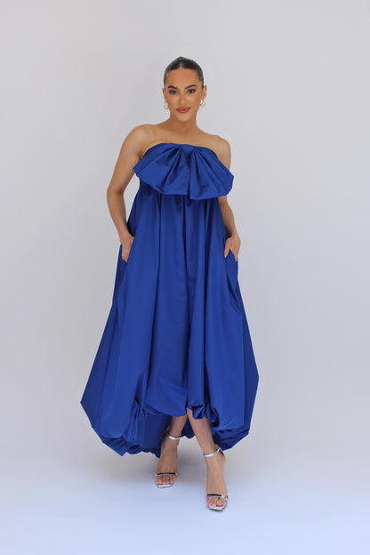 *Pre-Order Ruched bubble hem strapless bow taffeta high low dress with pockets